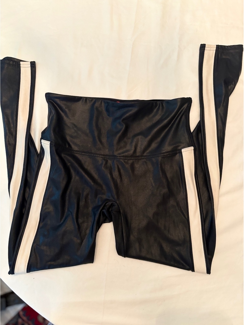 Spanx Black Faux Leather leggings with white side stripe L